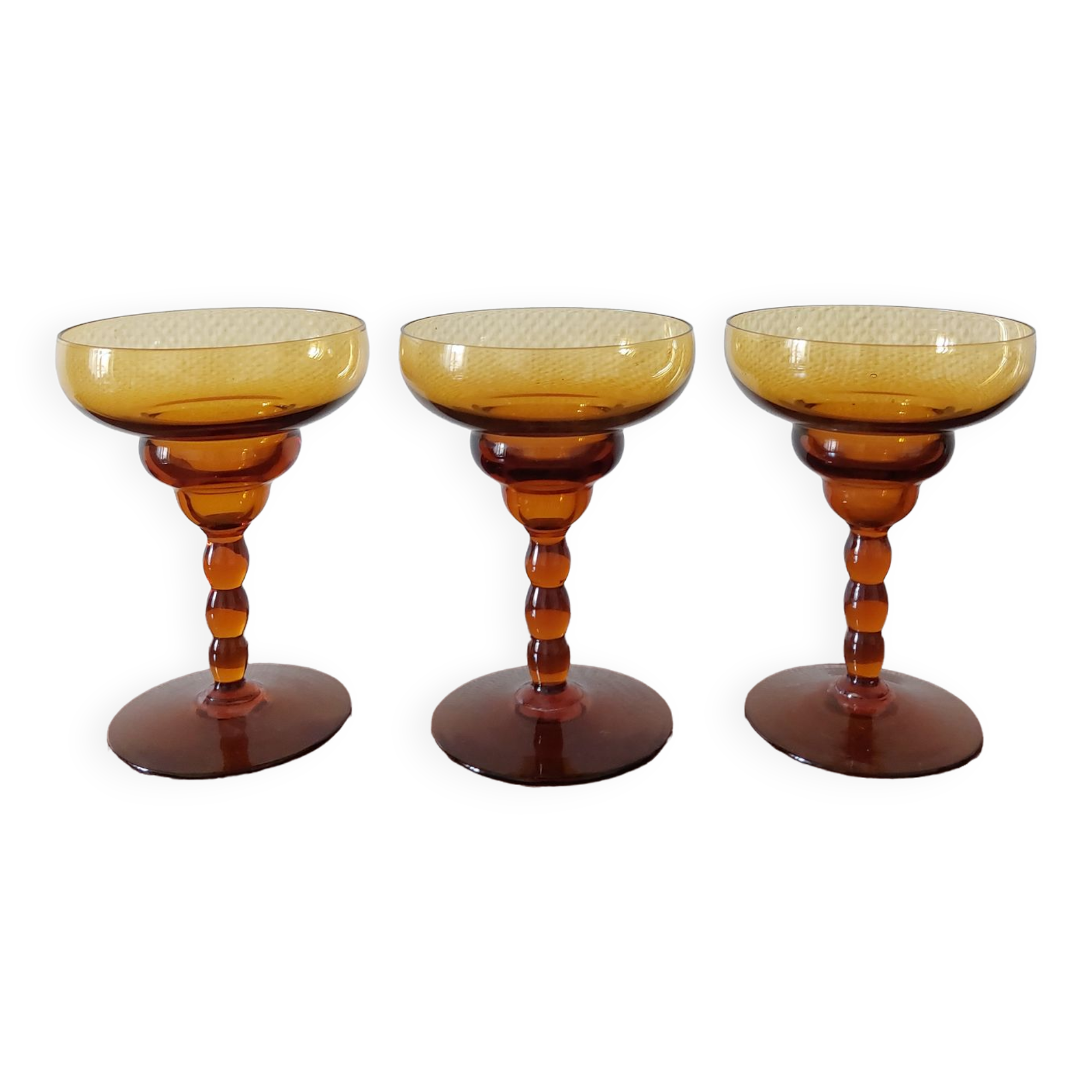 Set of 3 vintage amber foot glasses