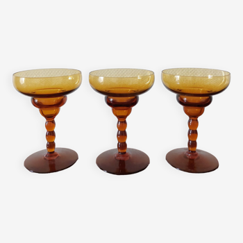 Set of 3 vintage amber foot glasses