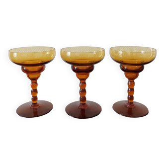 Set of 3 vintage amber foot glasses