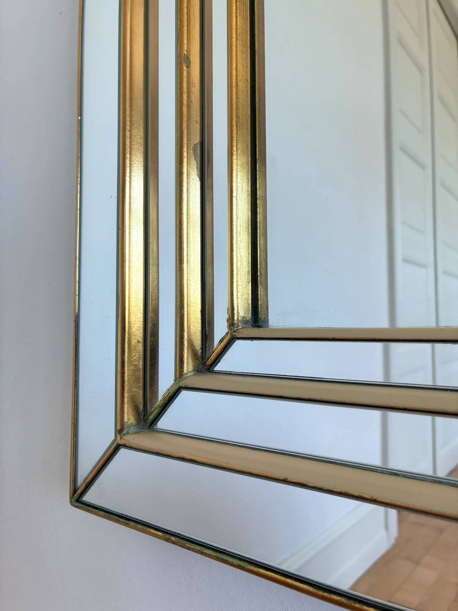 Large vintage Deknudt arched beveled panel mirror – gold, Belgium, 1980s
