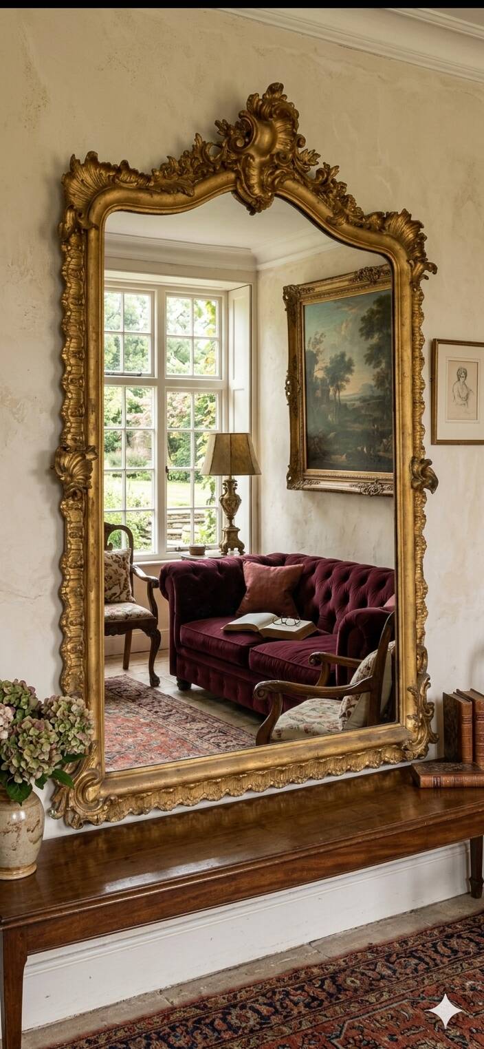 Miroir style Louis XV doré à la feuille d'or du XIXème, 181cm H
