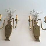 Pair of brass and crystal wall sconces