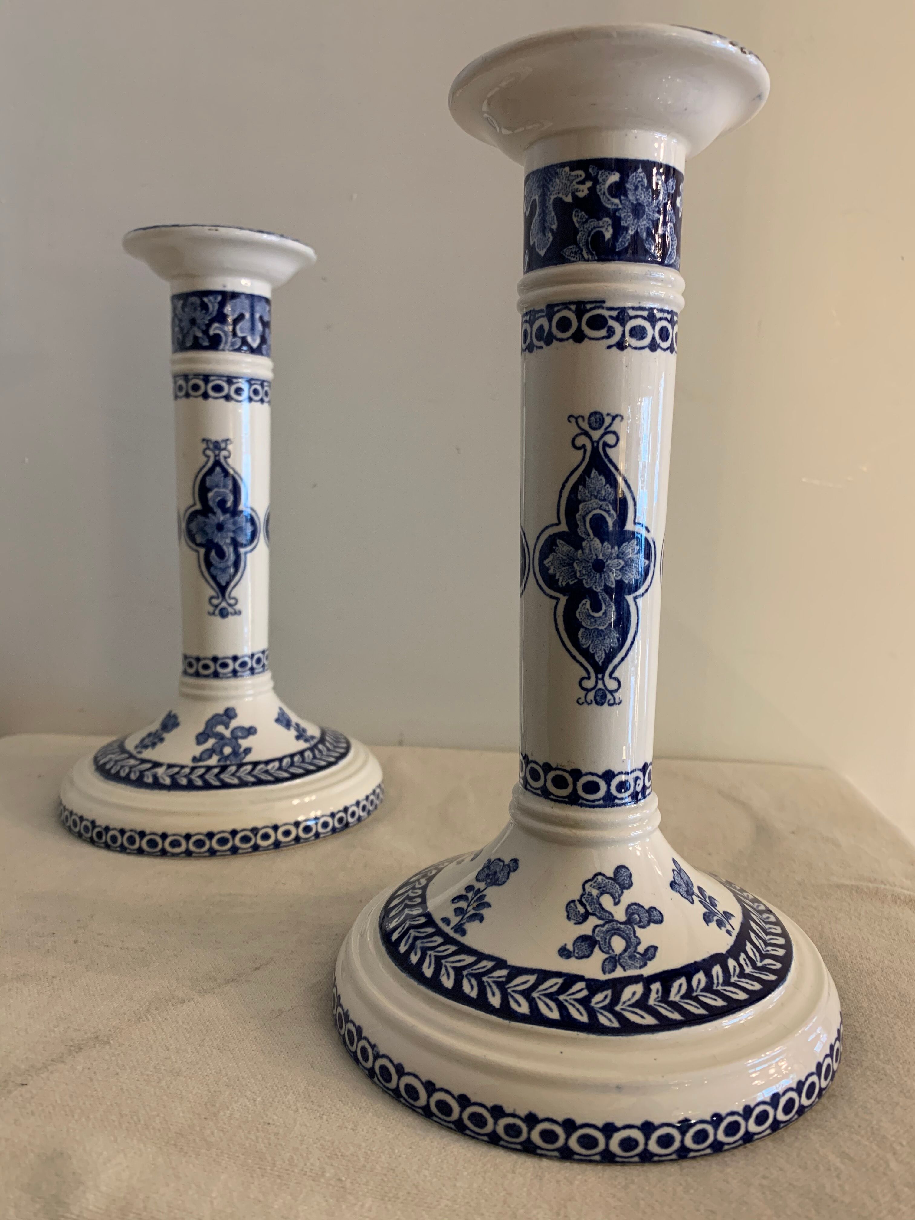 Pair of old candlesticks in blue and white earthenware Gien 1950