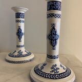 Pair of old candlesticks in blue and white earthenware Gien 1950