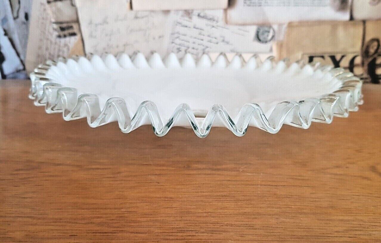 Vintage french frilled glass pendant shade white frosted glass clear edge 3649