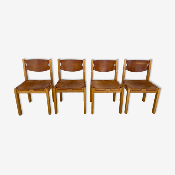 Suite de 4 chaises années 60 en orme et cuir Maison Regain