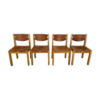Suite of 4 chairs 60s in elm and leather Maison Regain