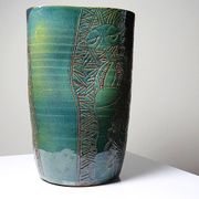 Vintage blue-green handcrafted pottery vase with incised tribal design by Eseka Pottery