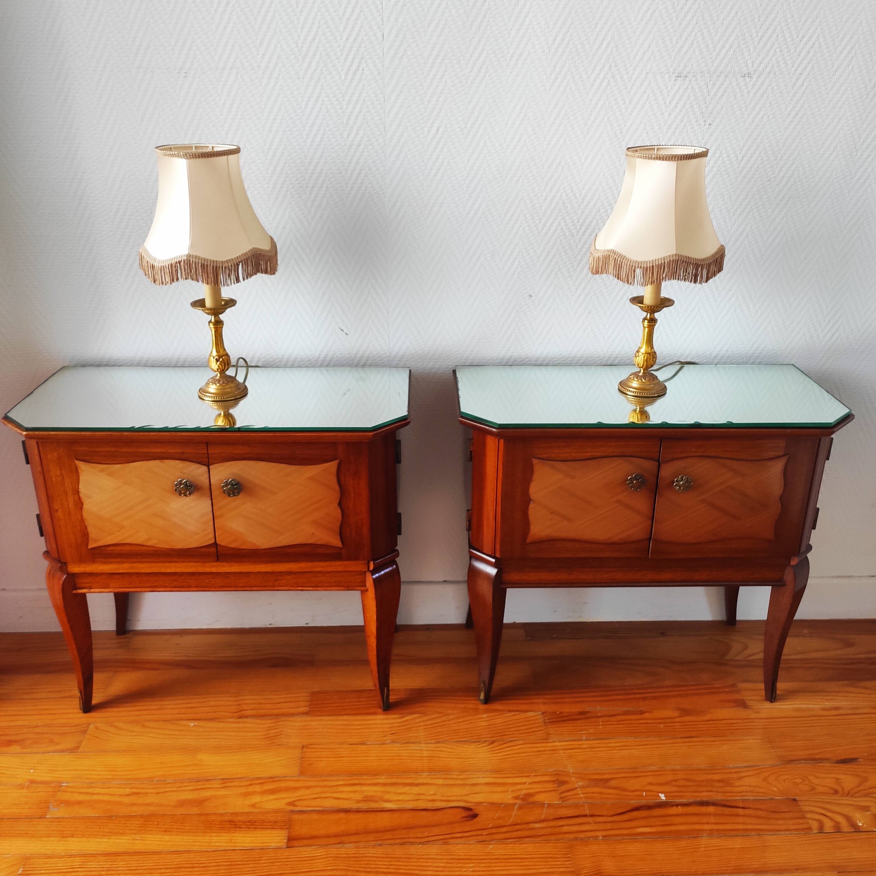 Pair of Art Deco bedside tables, mirrored top.
