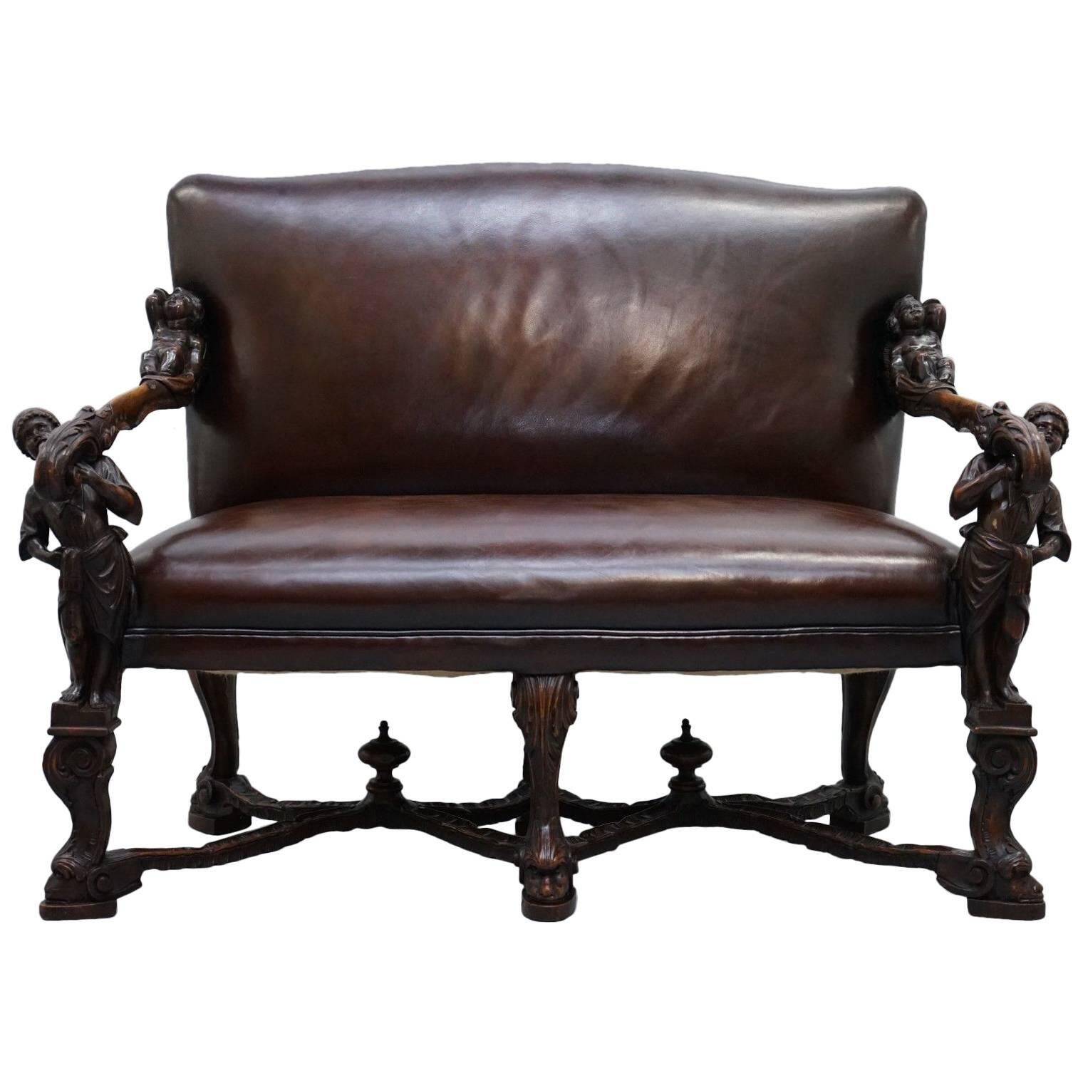 Carved Walnut Baroque Venetian Bench with Leather