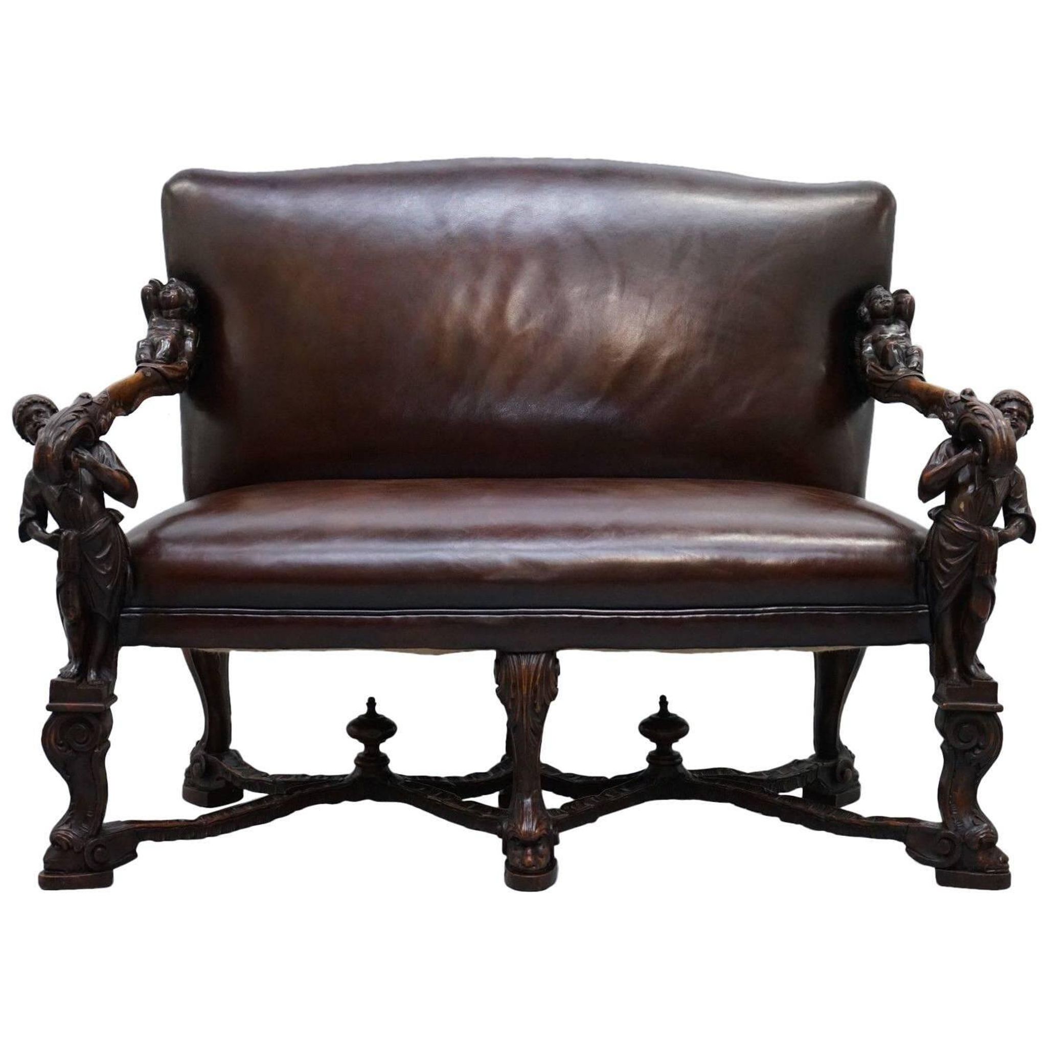 Carved Walnut Baroque Venetian Bench with Leather