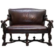 Carved Walnut Baroque Venetian Bench with Leather