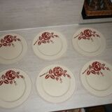 Lot de 6 assiettes plates anciennes en faïence beige et rouge