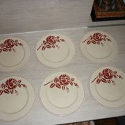 Set of 6 old flat plates in beige and red earthenware