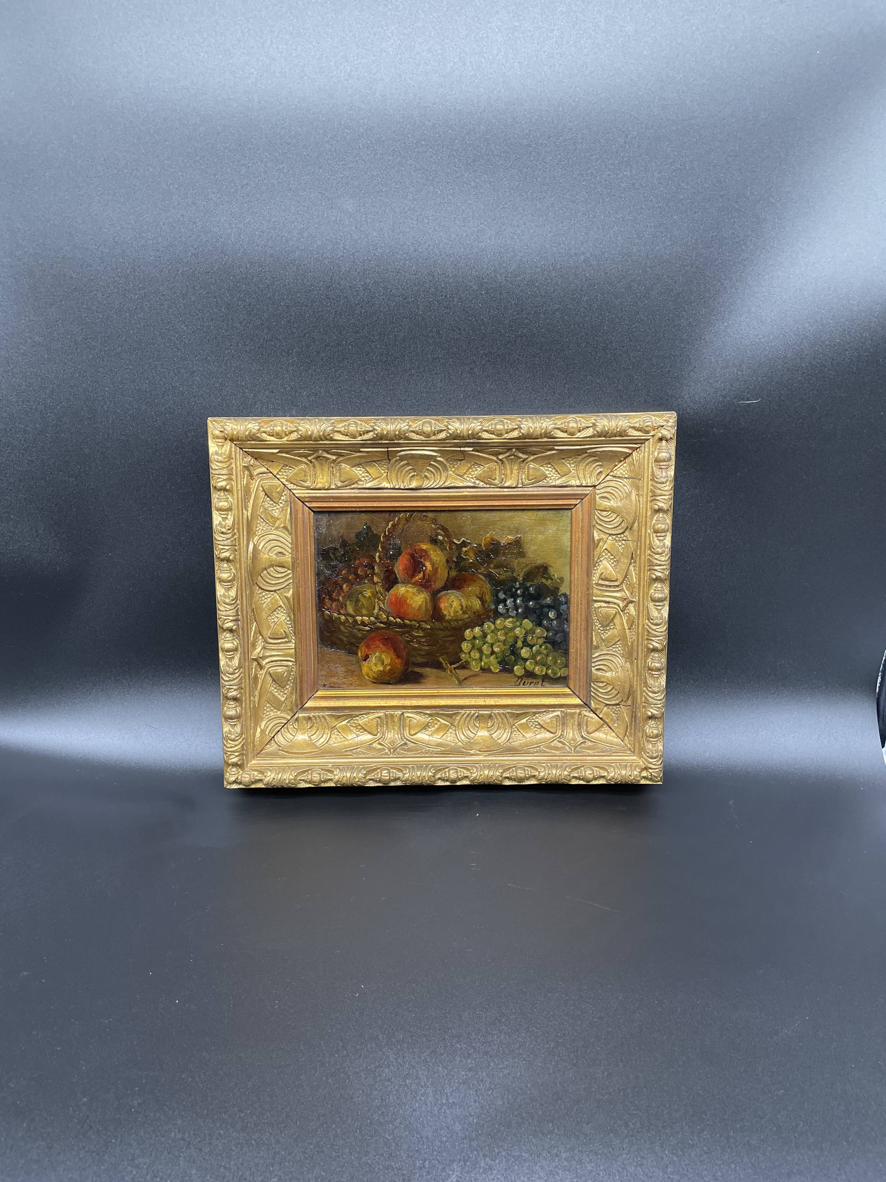 Peinture à l'huile nature morte aux fruits pêches et raisons, panier tressé, signé DURET