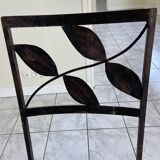 green table on wrought iron legs + 6 matching chairs