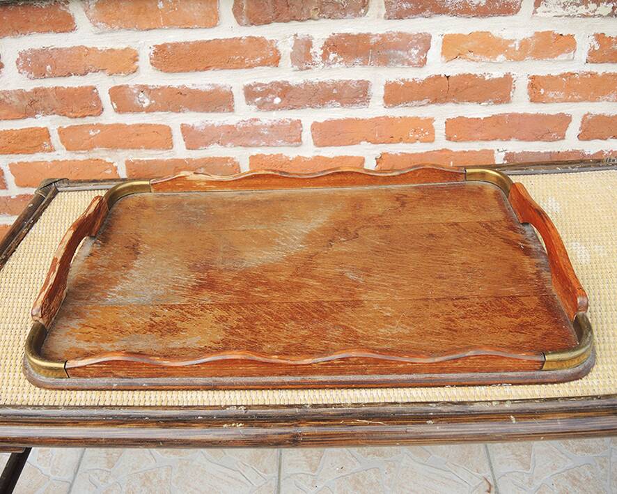 Old large wooden and brass serving tray