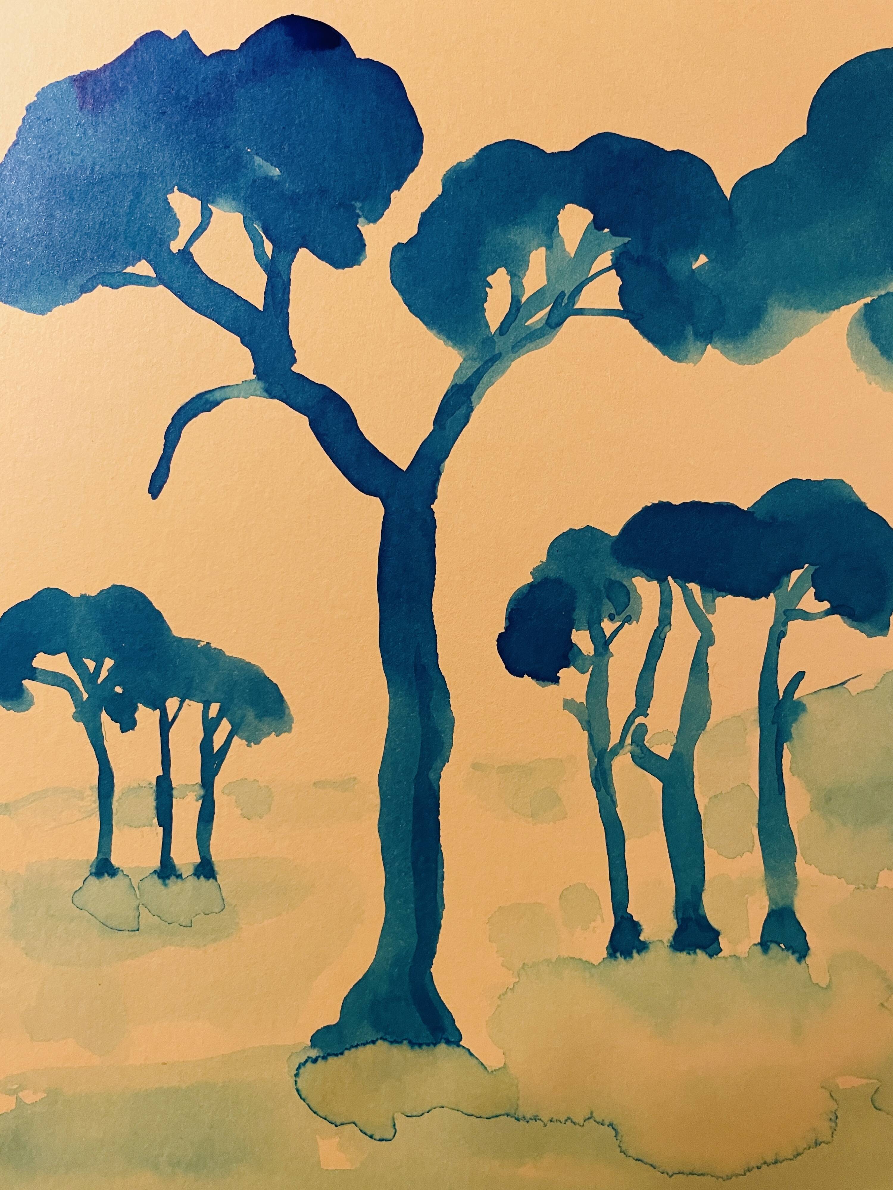 Tableau signé aquarelle coucher de soleil sur le Mont Ventoux Provence