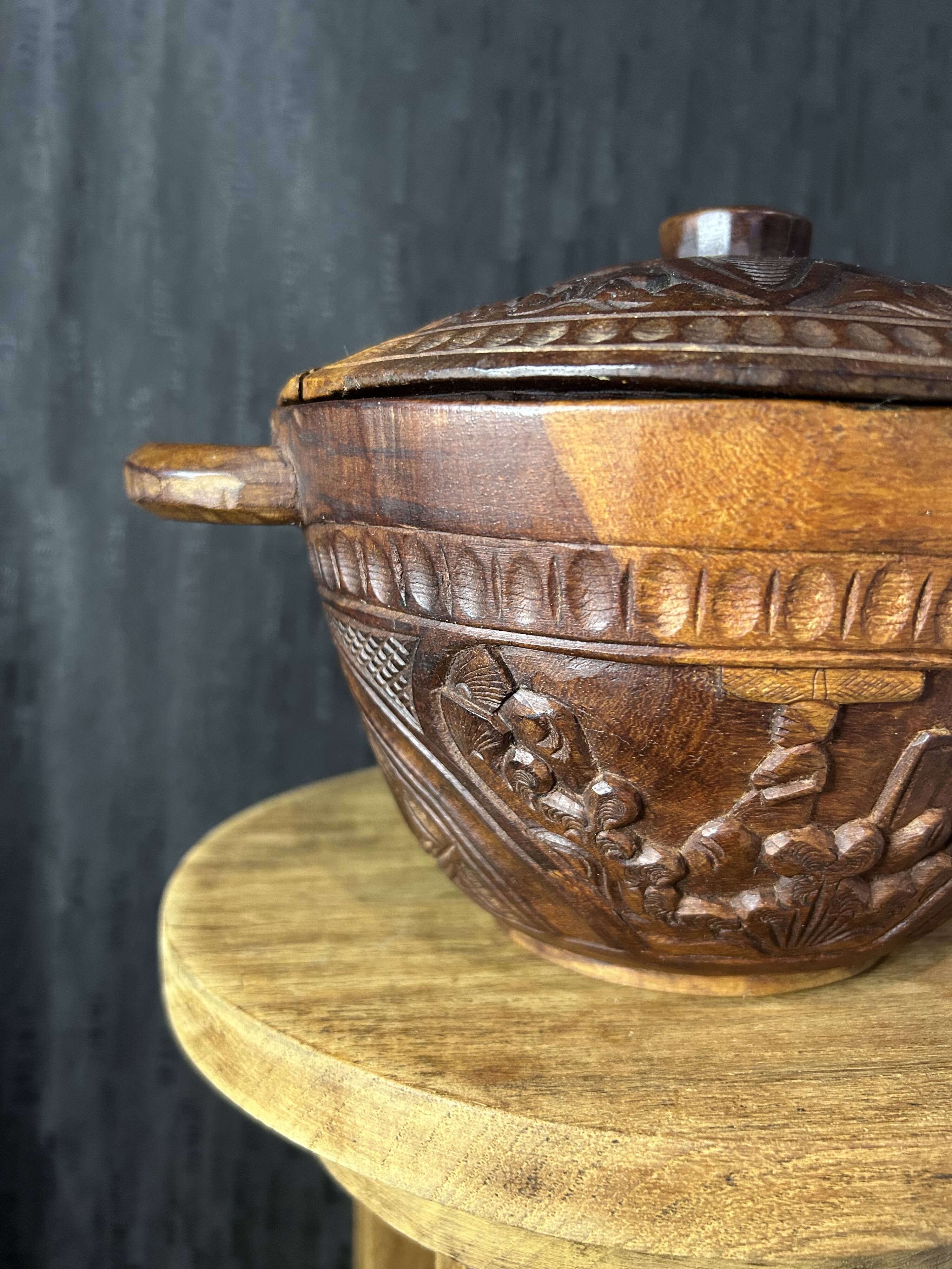African Art - Madagascar - Vintage - Covered Pot - Carved Rosewood - 1950