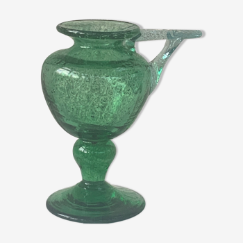 Bougeoir lampe à huile en verre soufflé vert verrerie de biot vintage signé