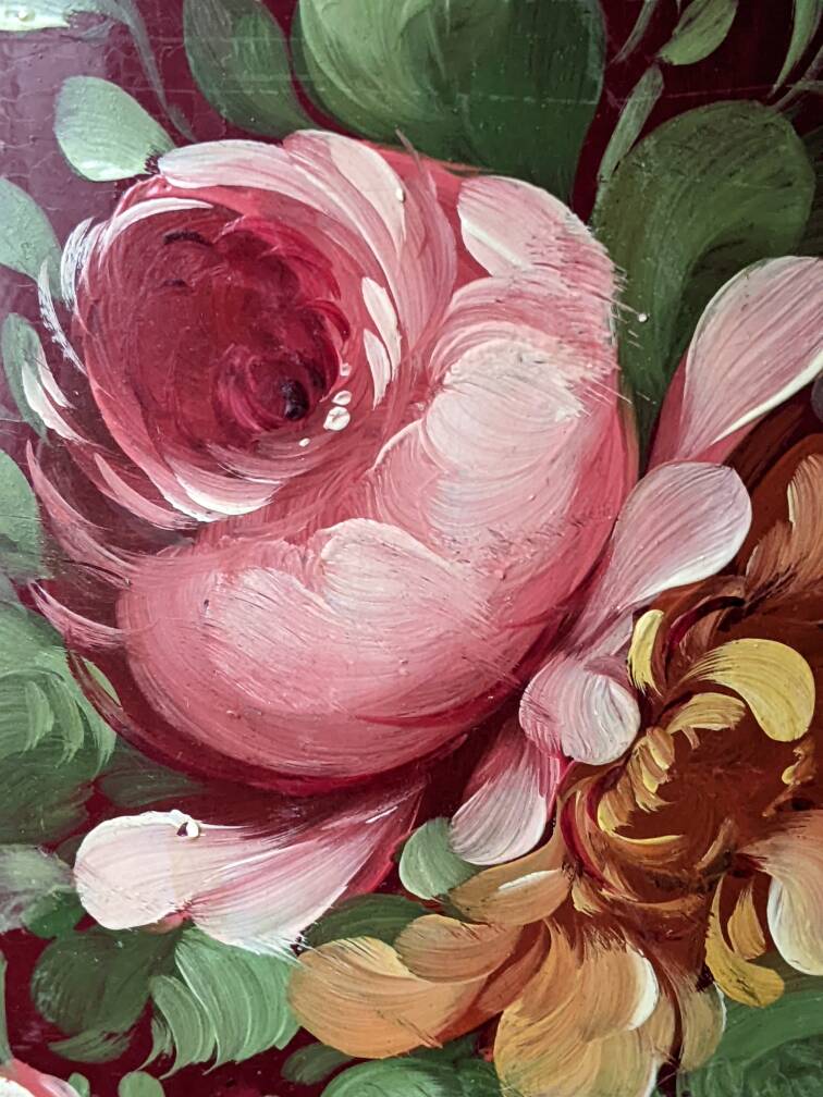 Antique metal umbrella stand with hand-painted floral decor, bohemian countryside