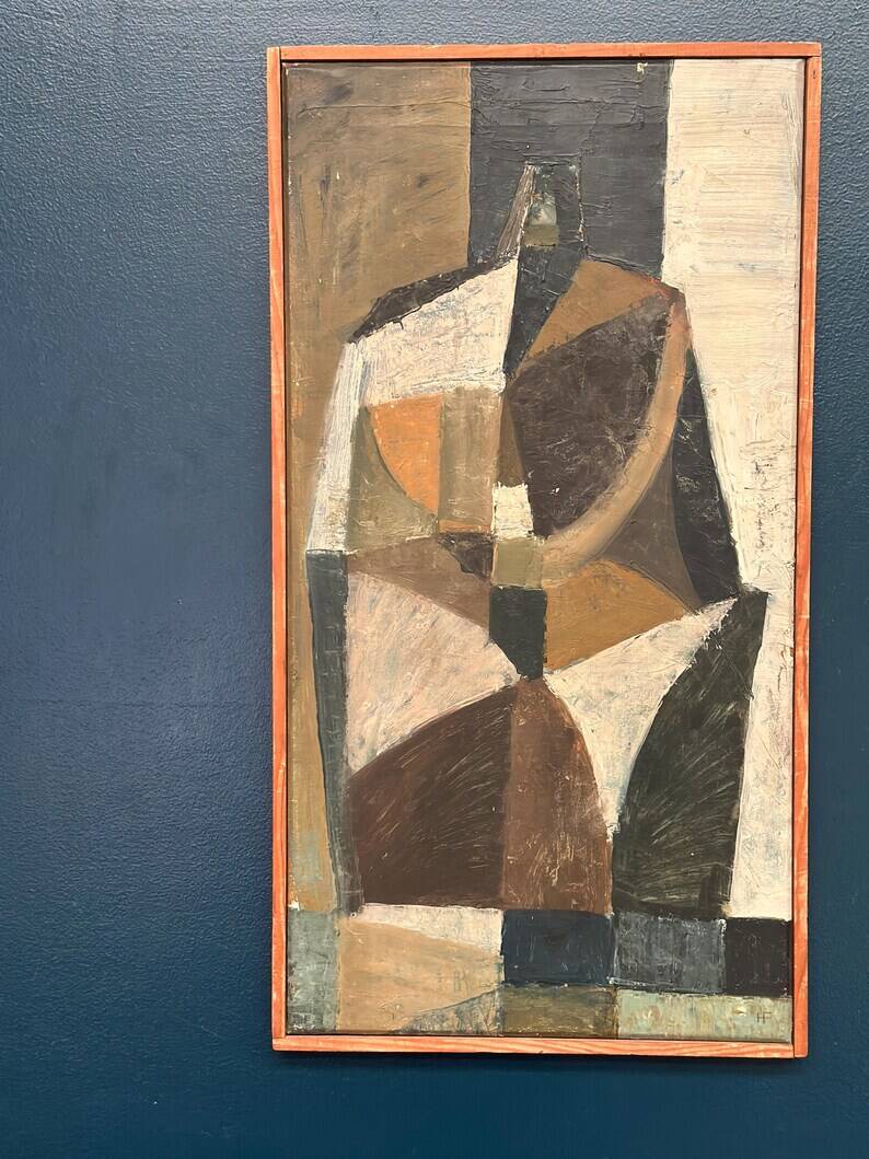 Original Swedish Oil on Canvas – "Abstrakt Komposition" by Hans Fritzdorf (1927–1990) – Vintage and Framed – 71 × 38 cm (28" × 15")