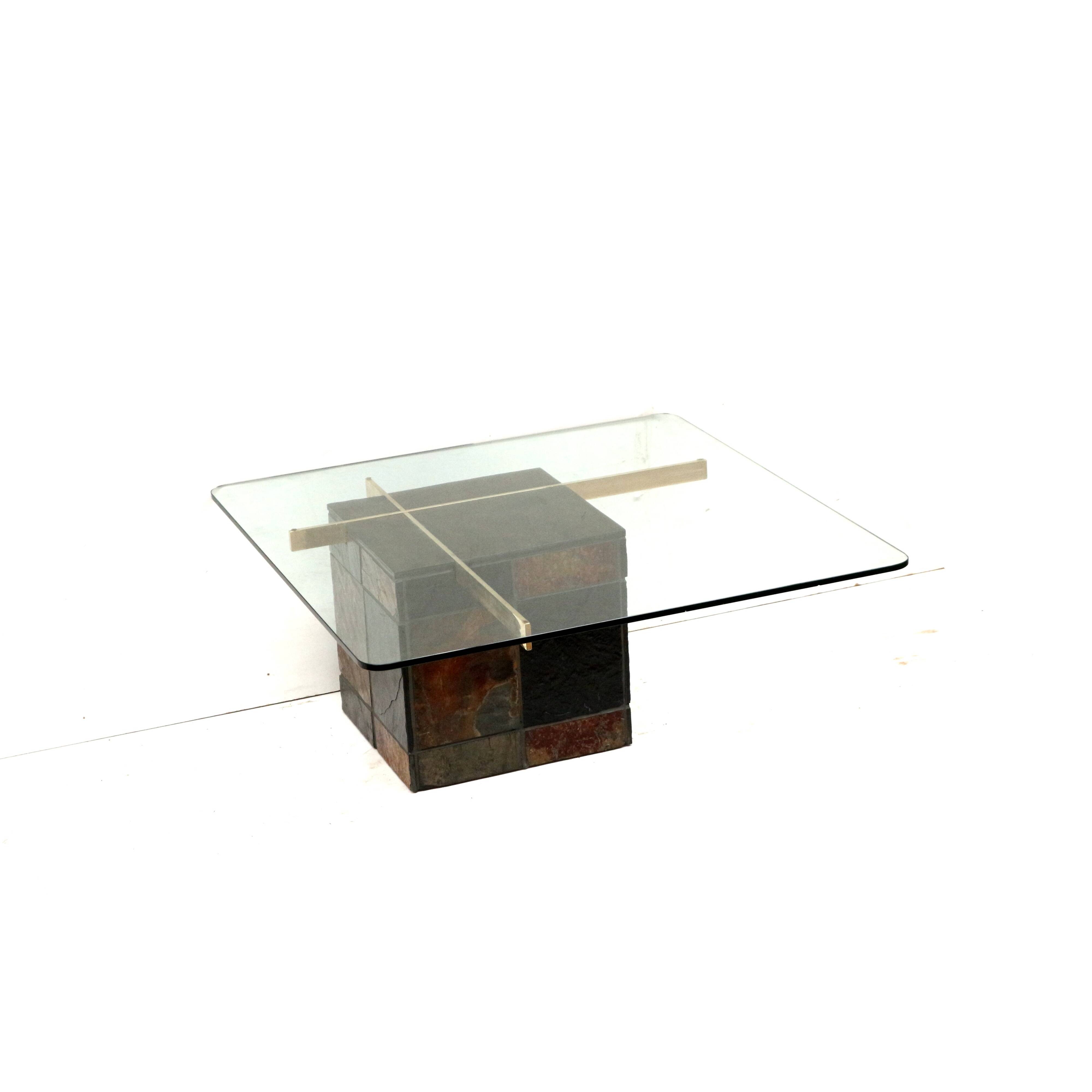 Italian design coffee table by Artedi with natural stone base and glass top