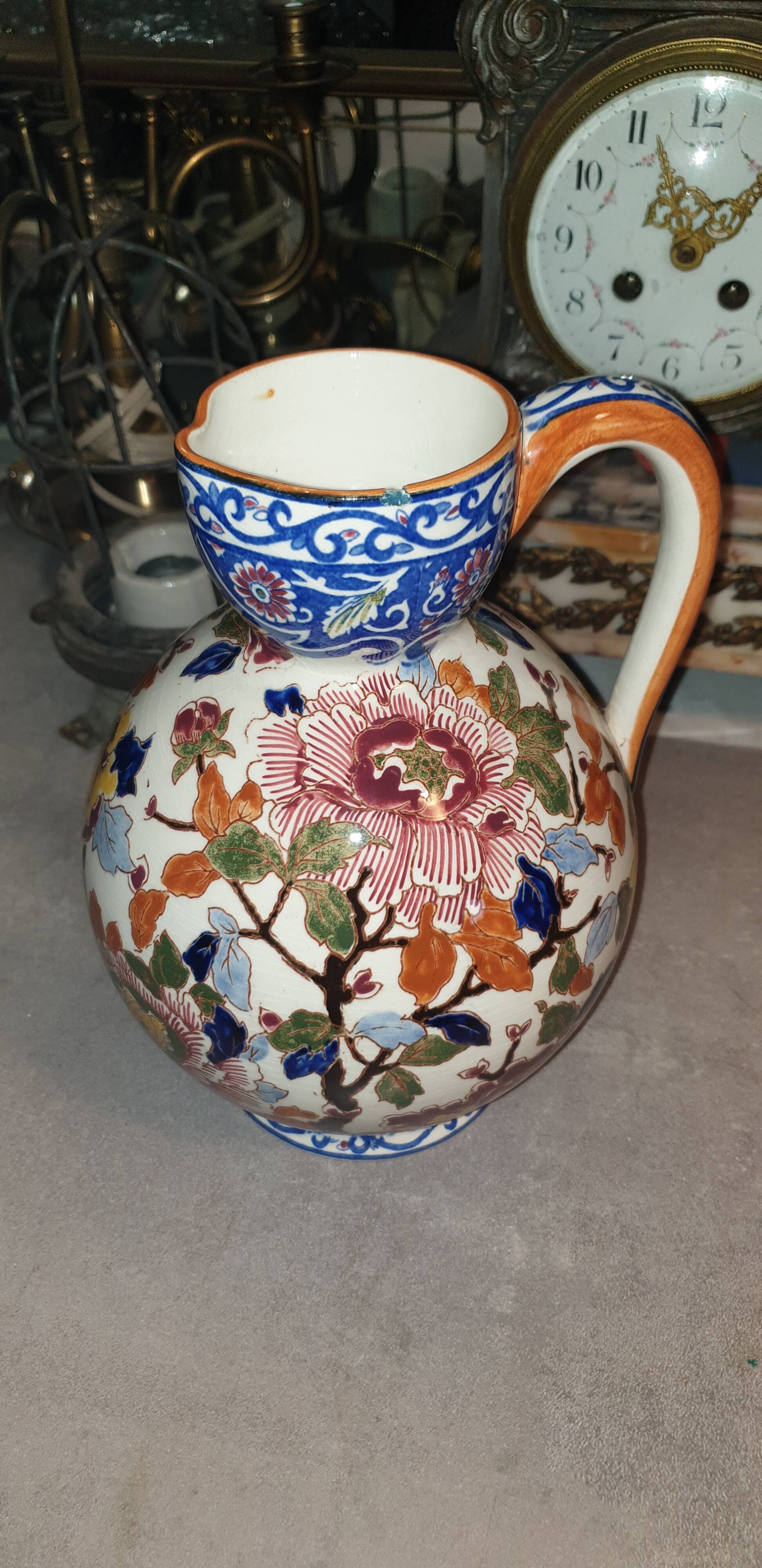Gien earthenware pitcher peony decor.