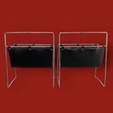 Pair of vintage magazine racks in chromed metal and black leatherette - 1970s