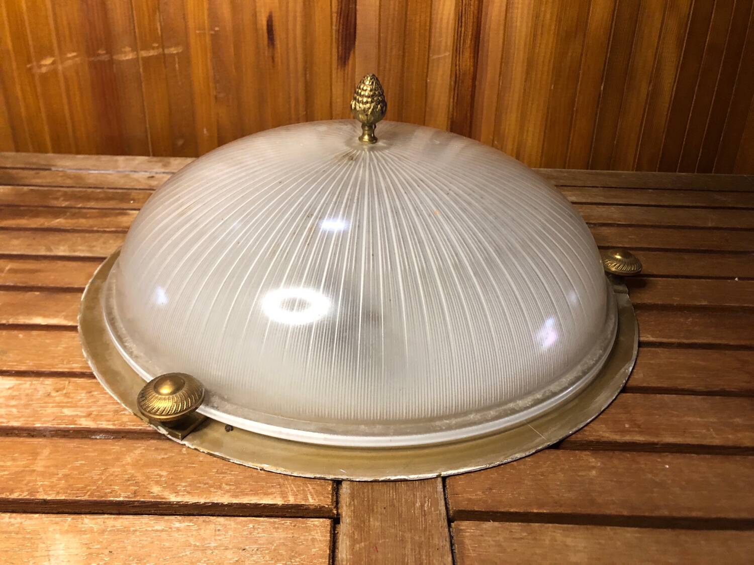 Old molded glass ceiling light + gold metal contour + vintage brass #a491