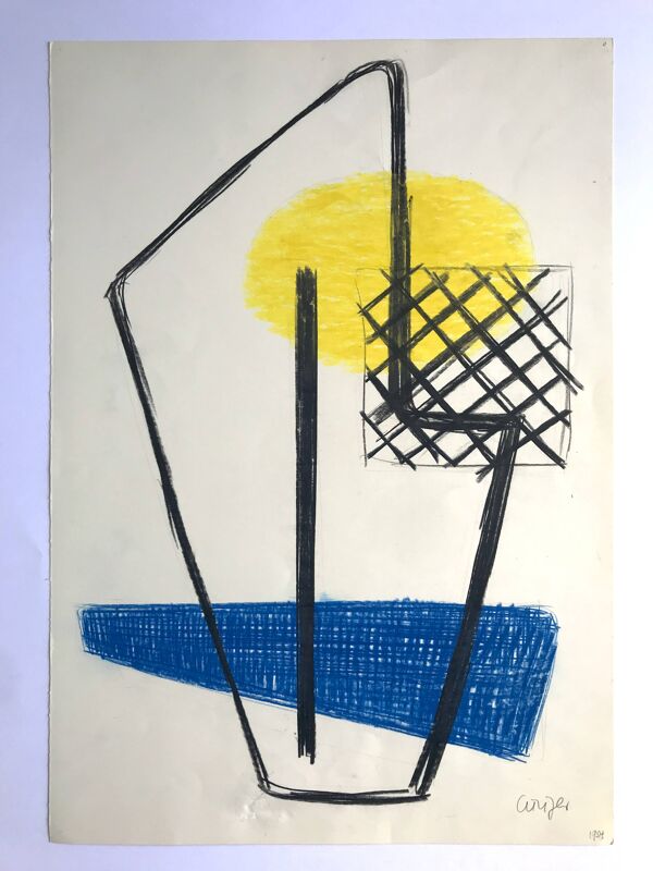 CURIGER Sans titre (bleu et jaune), 1954. Technique mixte signée au crayon