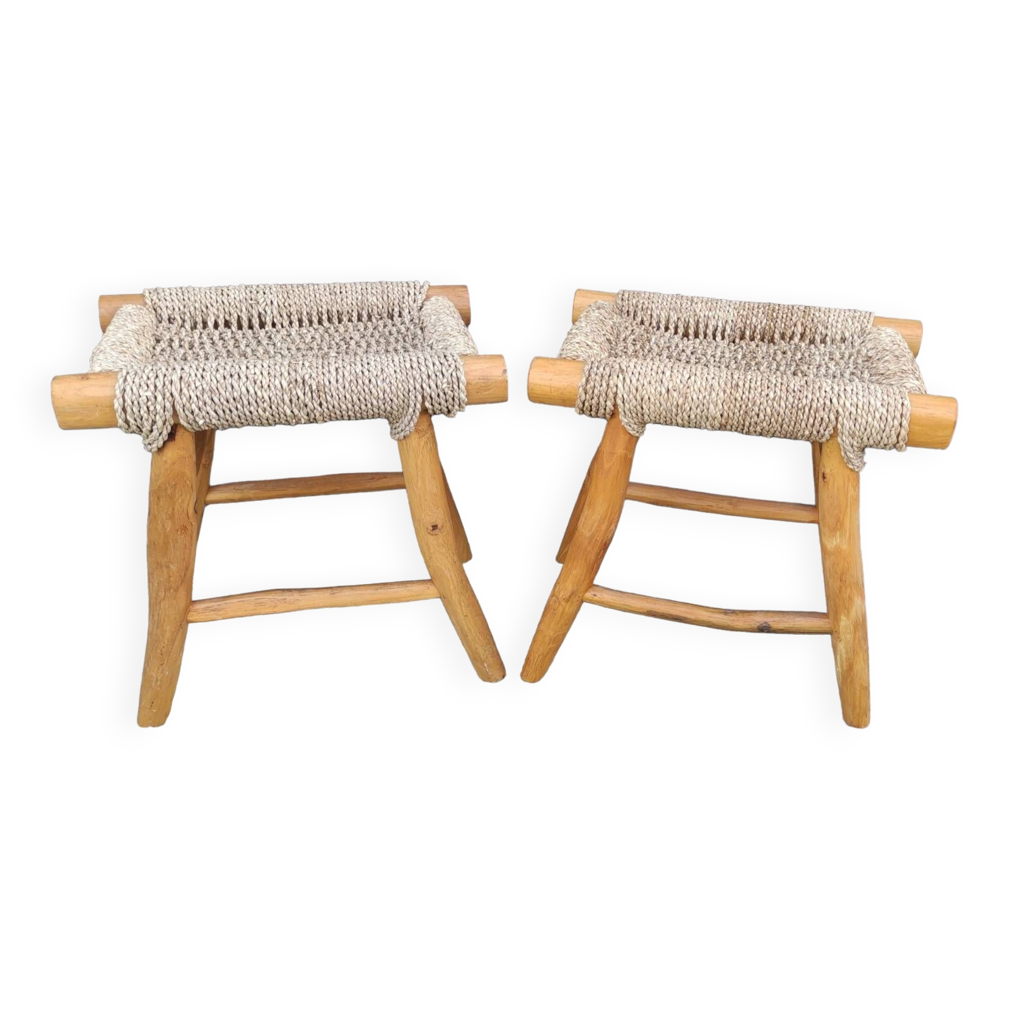 Pair of brutalist seagrass stools/20th century design/sofa end