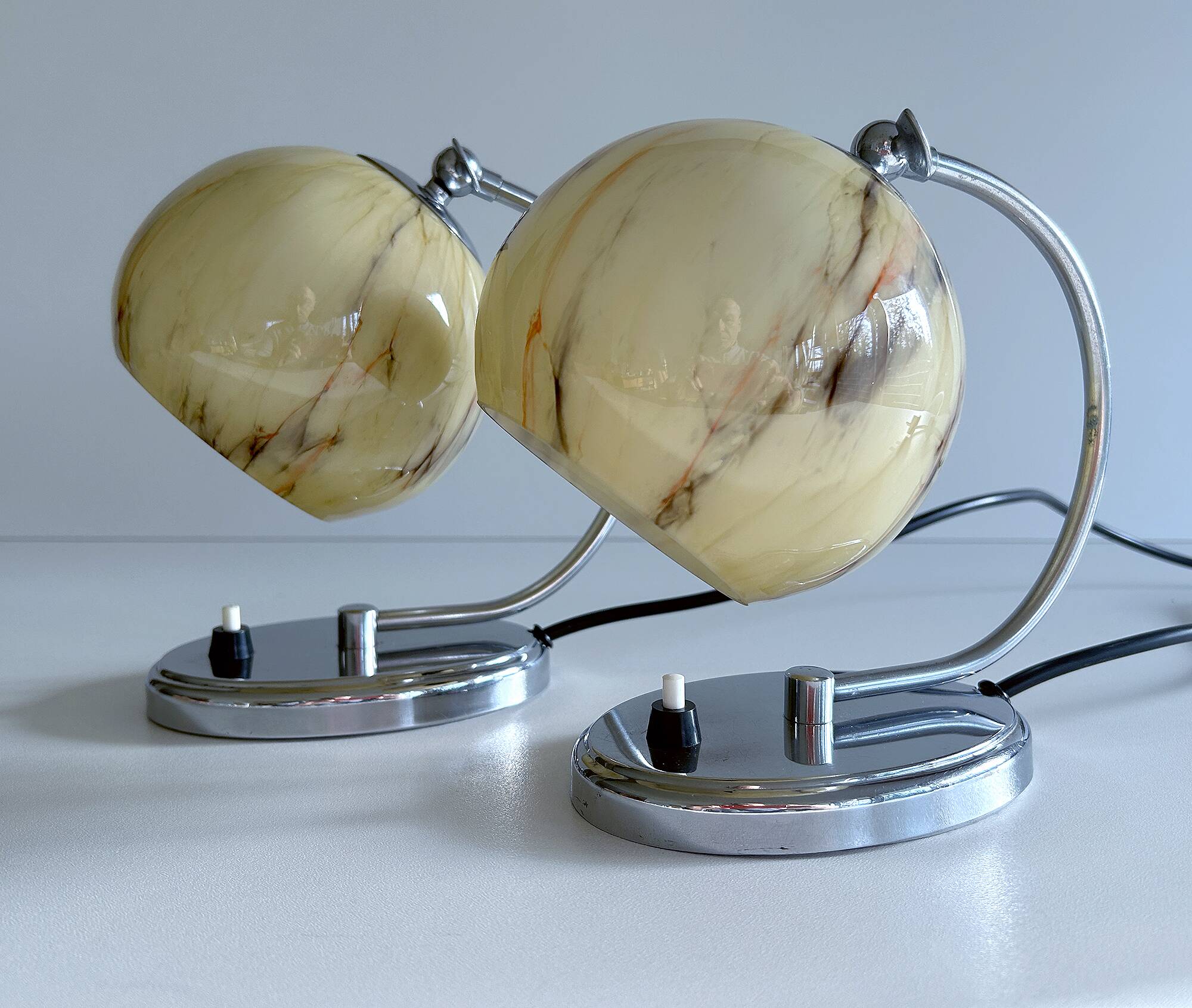 Pair of art deco lamps, chrome glass