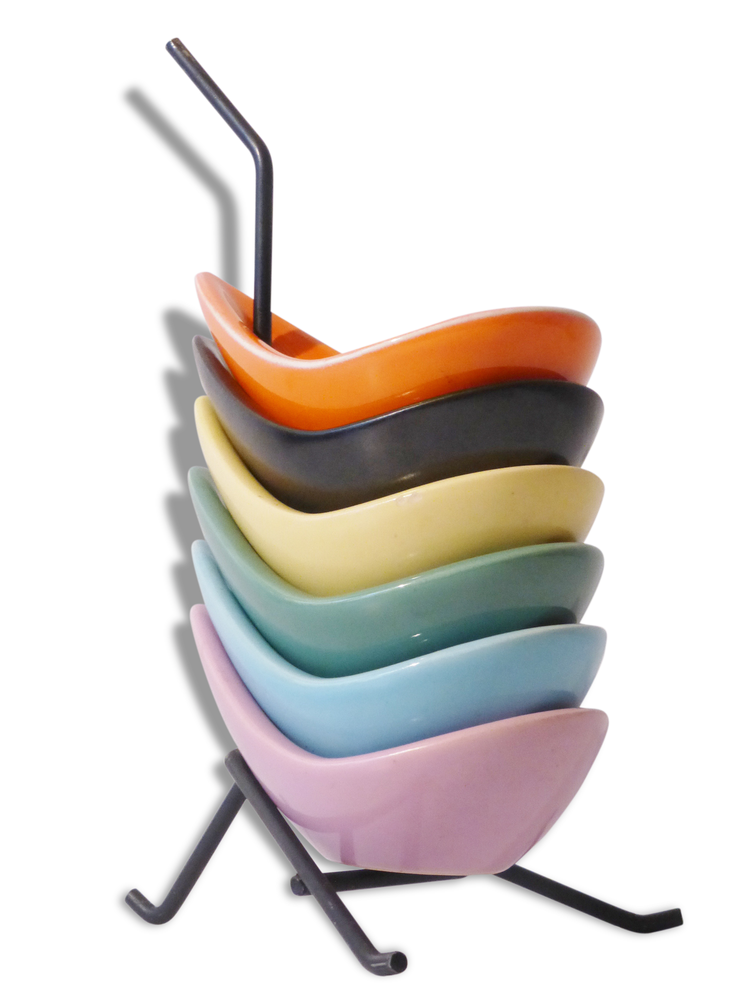 Superb suite of 6 ashtrays ceramic 1950 vintage 50s metal storage rack