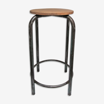 Tabouret haut de laboratoire bois et métal patiné années 70