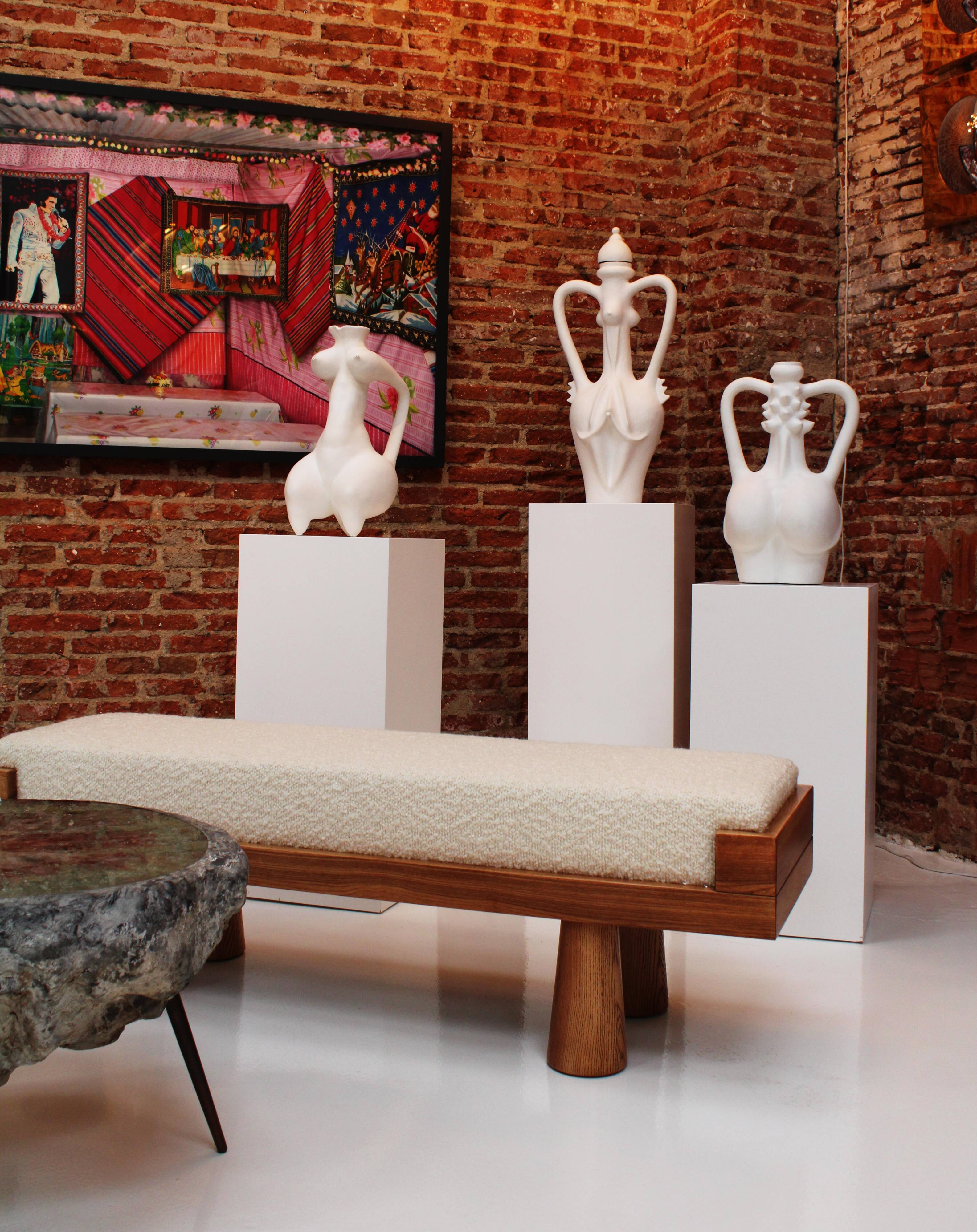 Contemporary Brutalist Style Bench in Solid Oak and Wool Bouclé, Italy