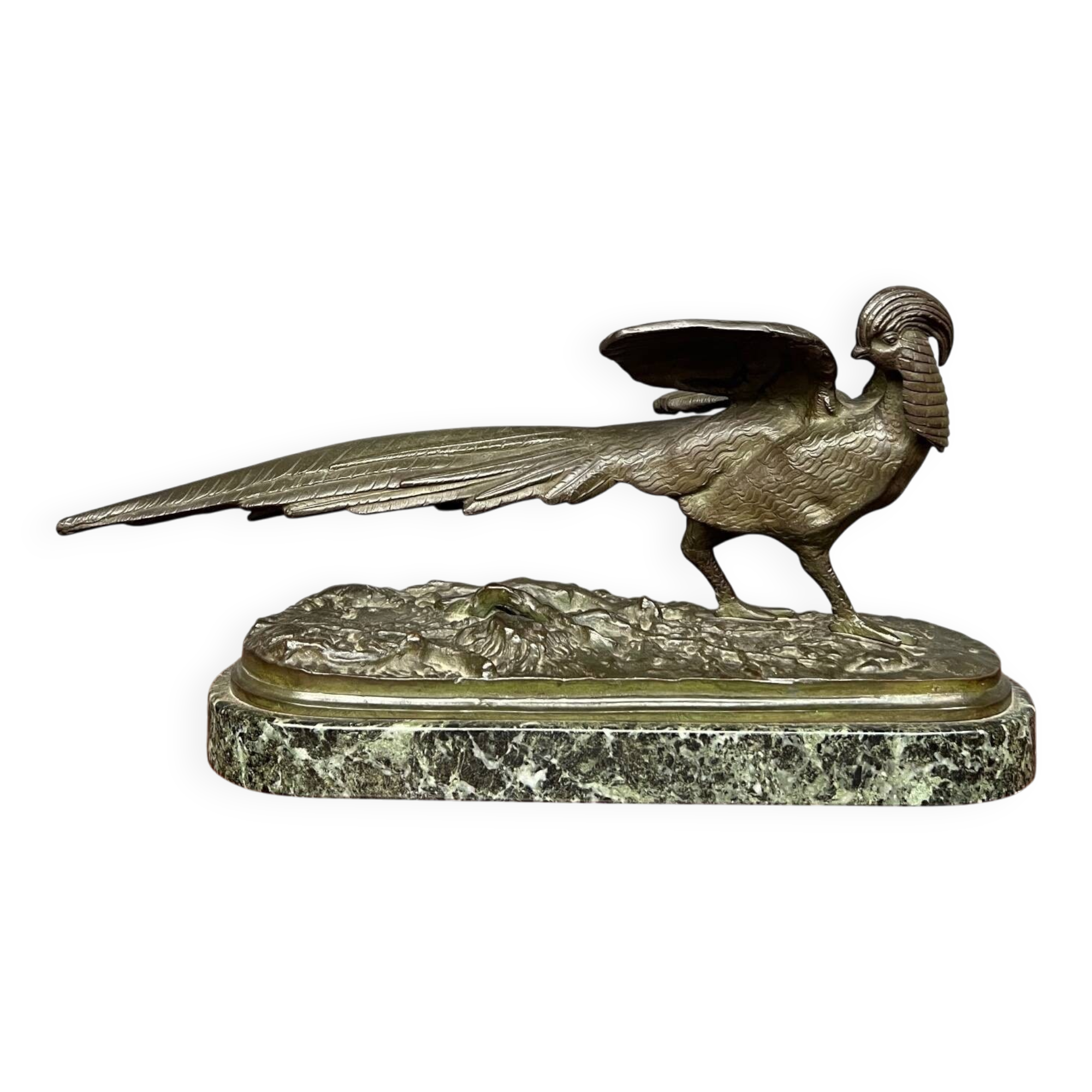 Rene Andre Varnier. Figure en bronze d'un faisan sur une base en marbre vert.