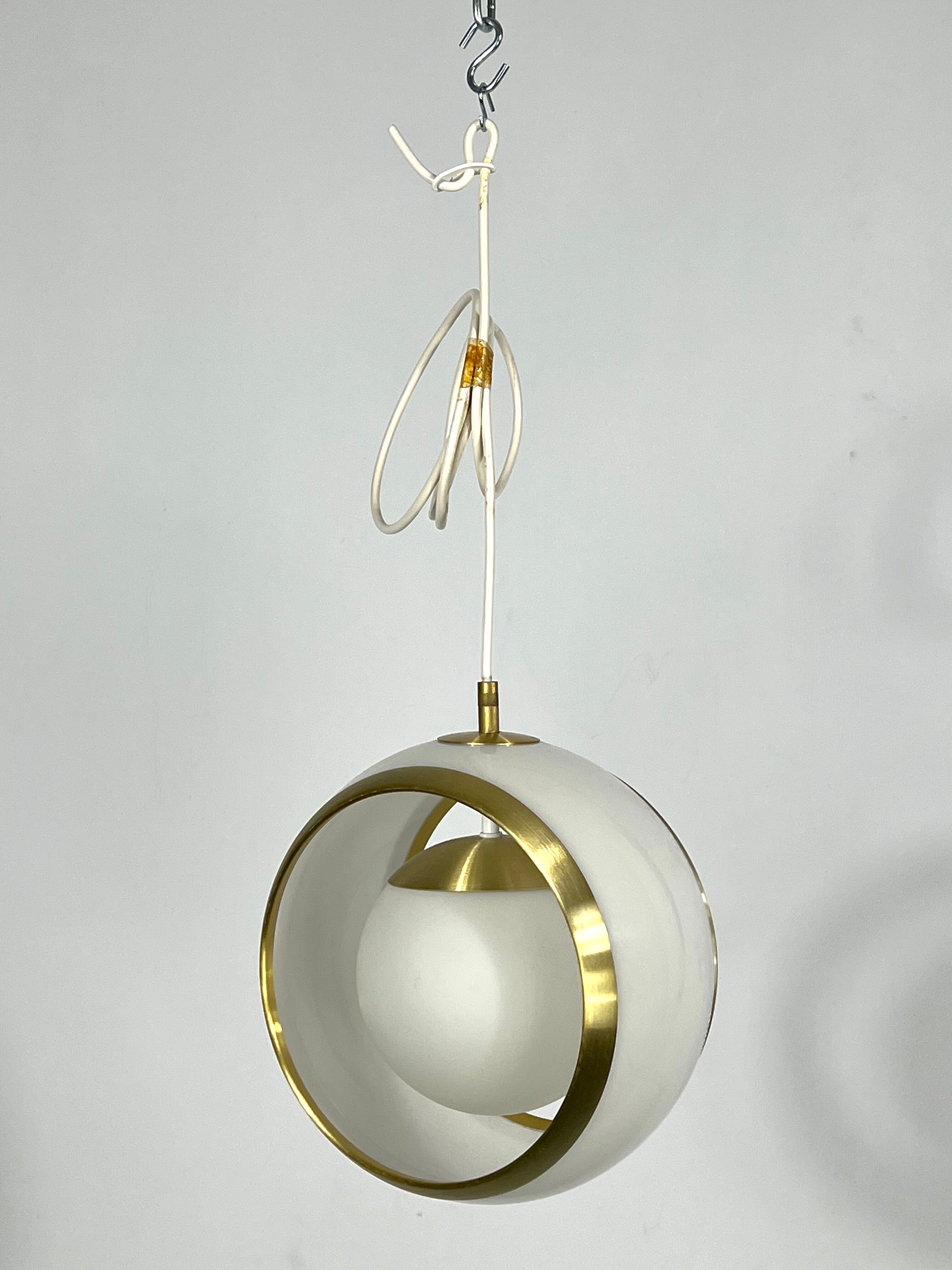 Stilux Milano, gilded aluminum, opaline and perspex pendant. Italy 1960s