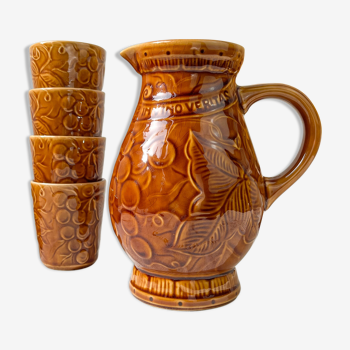 Pitcher and cups in ochre ceramic Sarreguemines