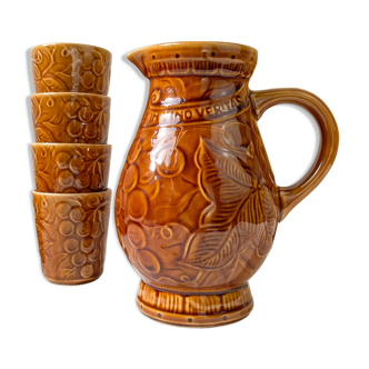 Pitcher and cups in ochre ceramic Sarreguemines