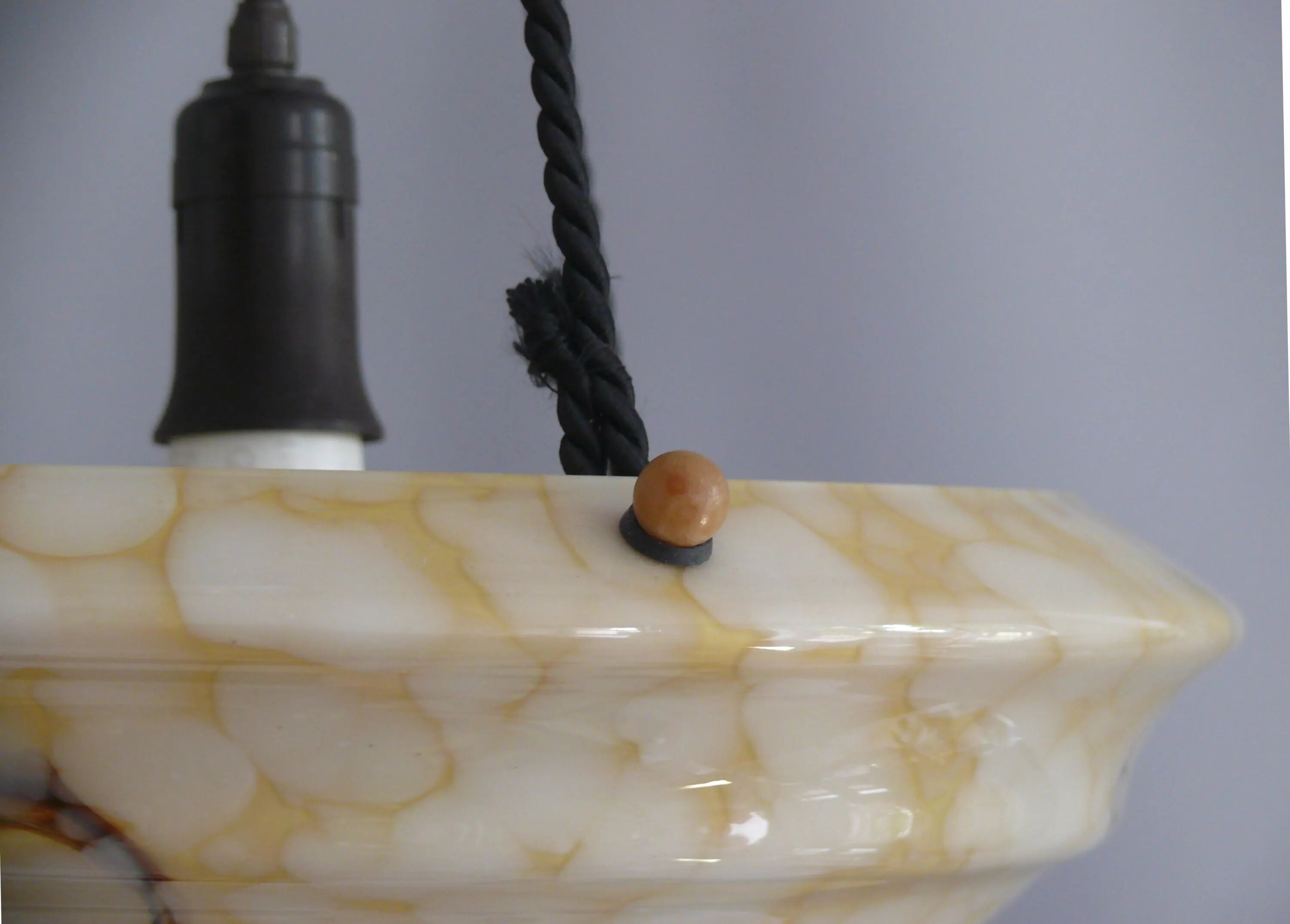 Large Art Deco Glass Pendant Light, Marbled with Rope Suspension, 1920s - 1930s