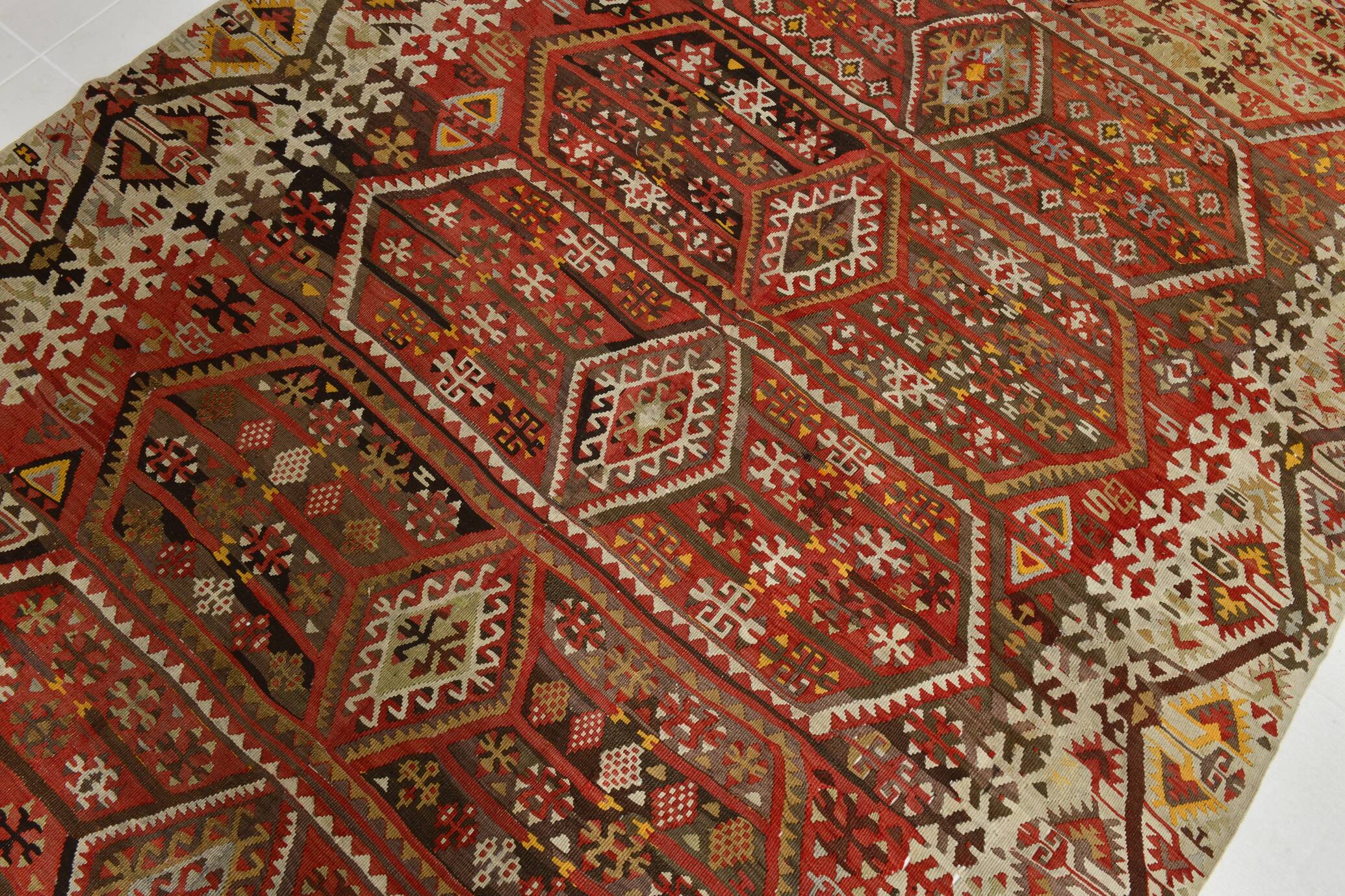 6x13 Beige & Red Wool Kilim Rug, 193x406Cm