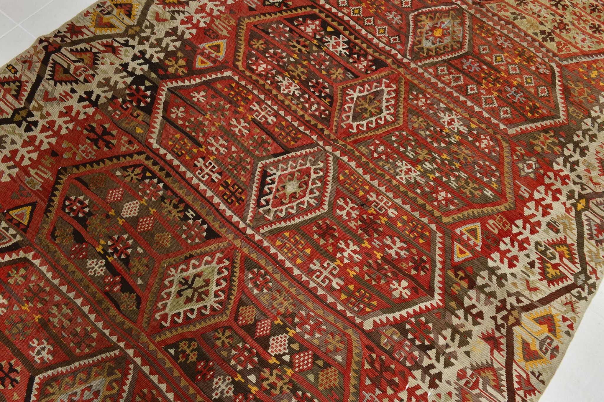 Tapis Kilim en laine beige et rouge 6x13, 193x406 cm