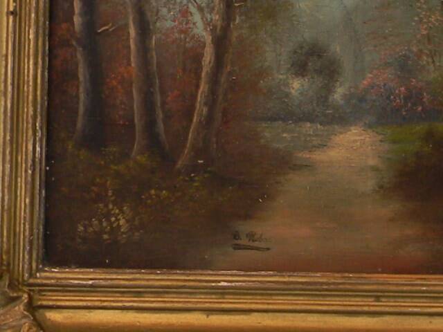 Old signed landscape painting under wood.