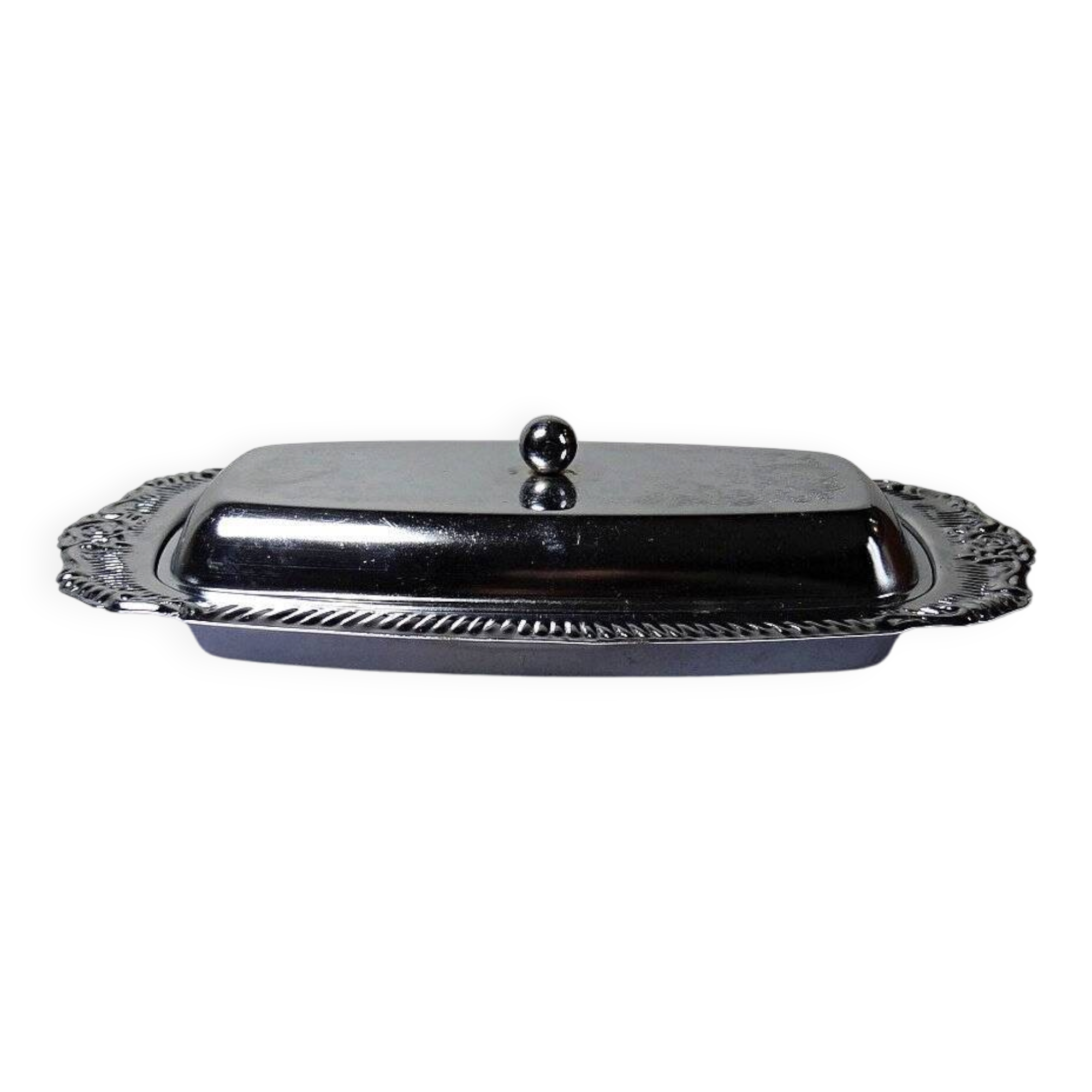 Silver-plated/inox vintage butter dish from the 1960s-1980s in Rococo style.