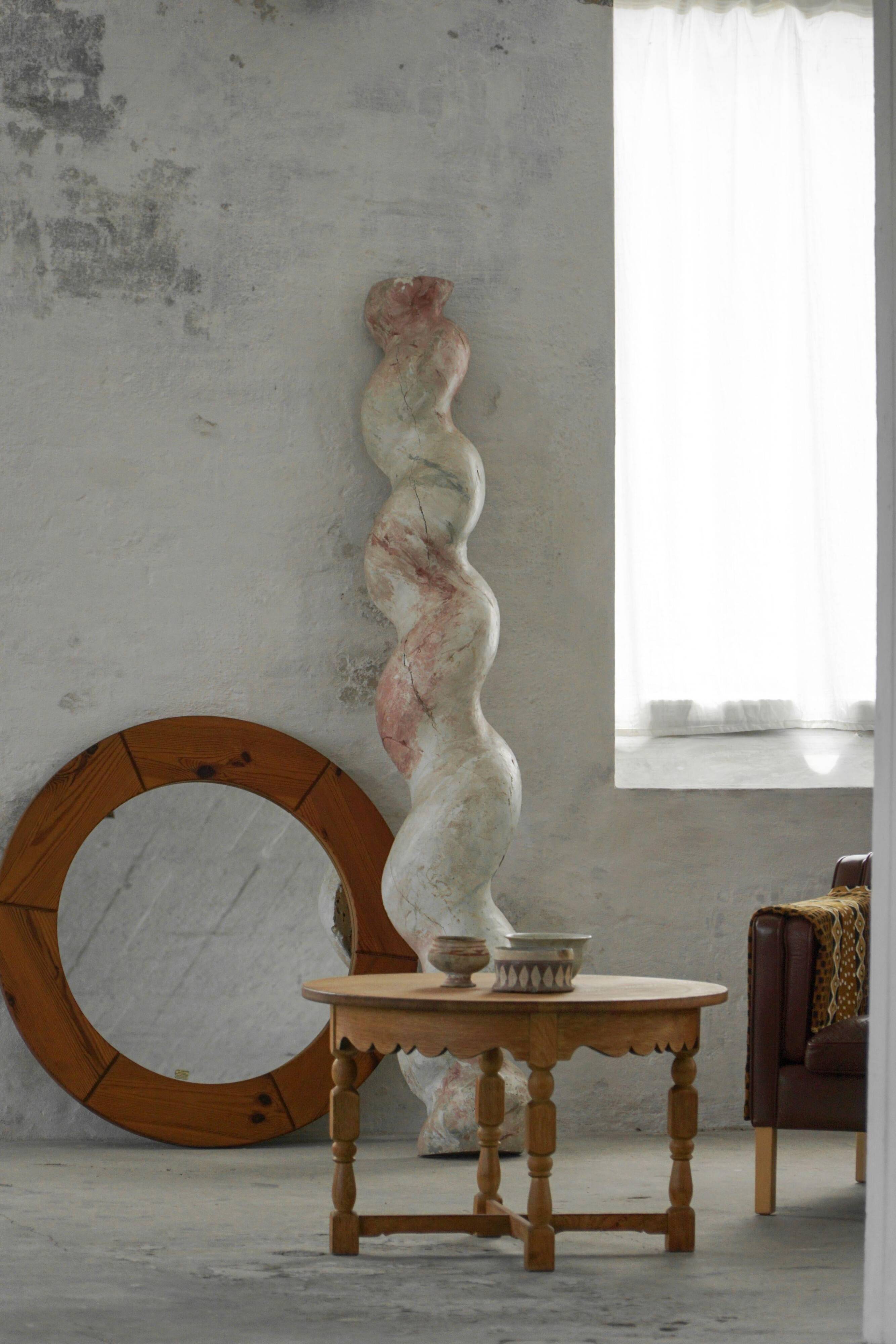 Large round wall mirror in solid pine by Glasmäster Markaryd, Sweden, 1960s.