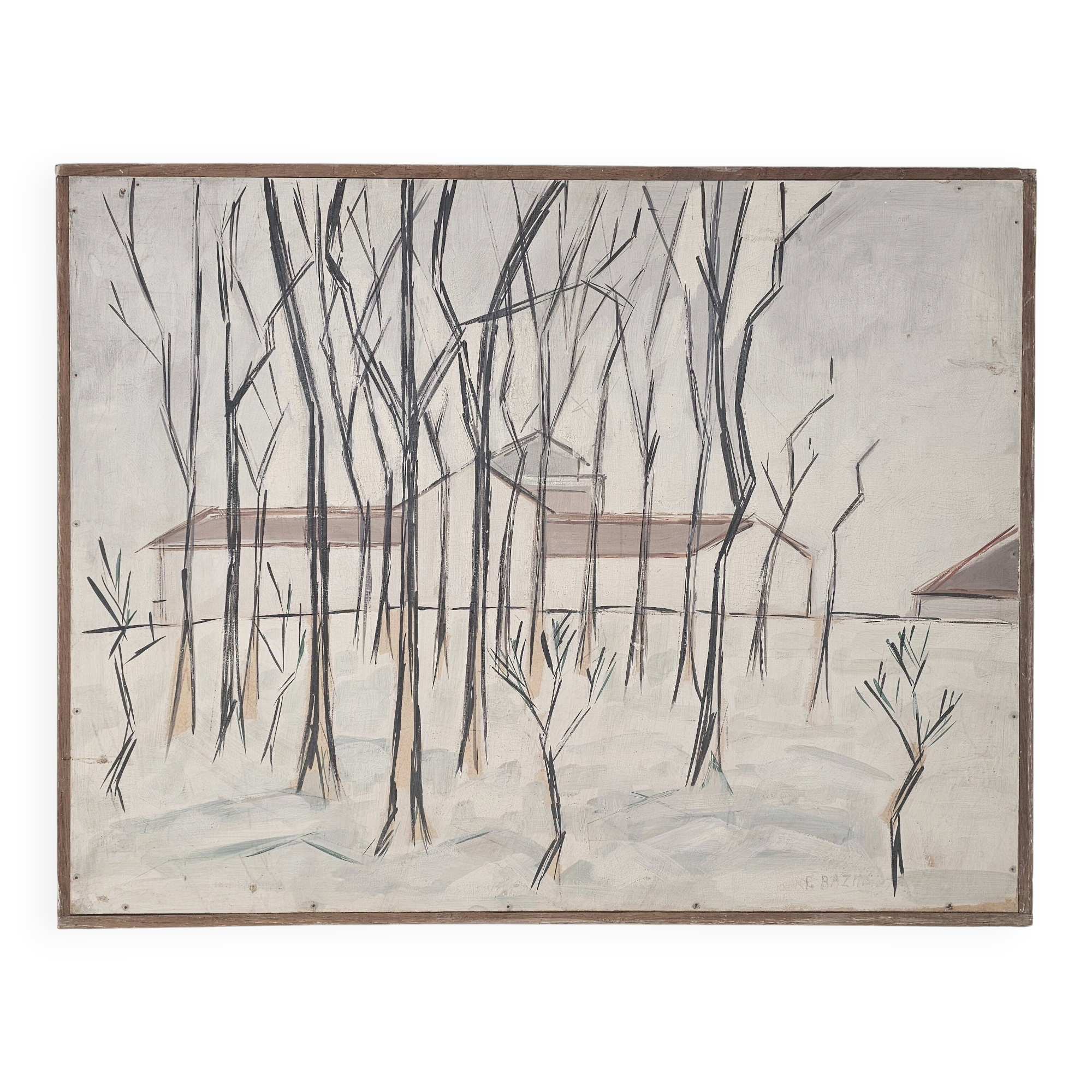 Oil painting on panel Winter landscape with snow Signed Bazin