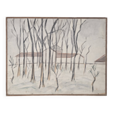 Oil painting on panel Winter landscape with snow Signed Bazin