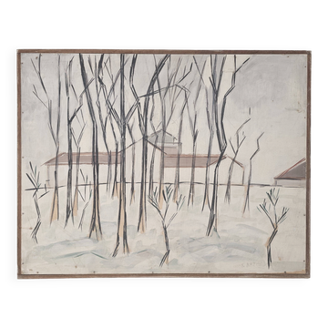 Oil painting on panel Winter landscape with snow Signed Bazin