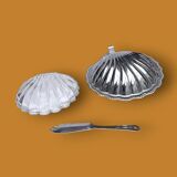 Vintage stainless steel and glass shell butter dish with knife